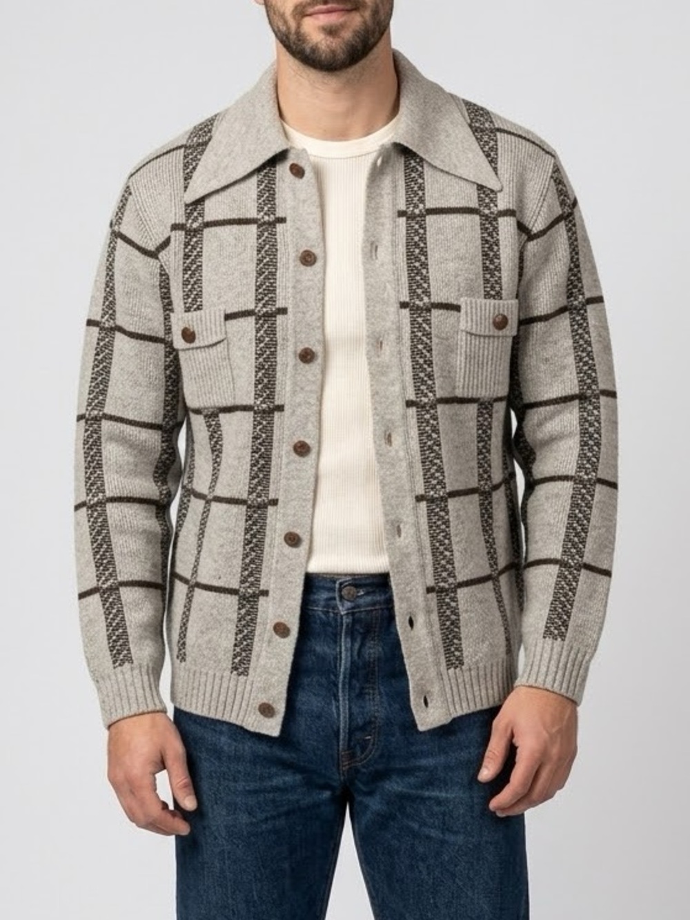 Vintage Patterned Knit Sweater Cardigan with pointed collar